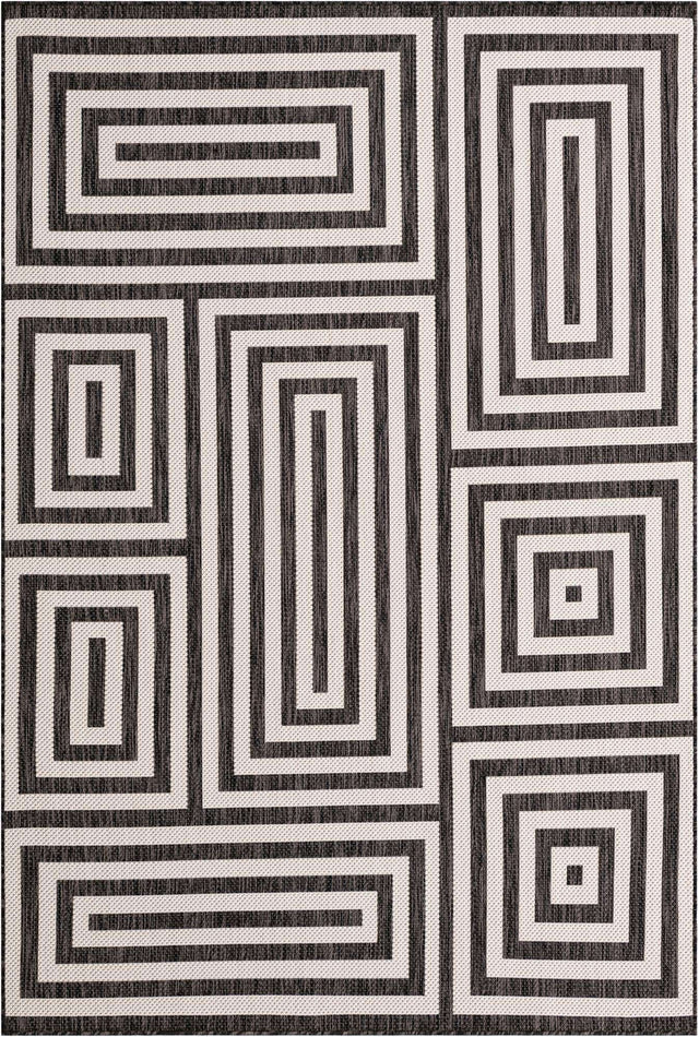 Black and White 6' 1 x 9' Outdoor Modern Rectangle Area Rug Weather Resistant for Patio, Deck, Terrace, Balcony, Porch 100% Polypropylene Modern Outside Carpet for Sale at Rug Engine