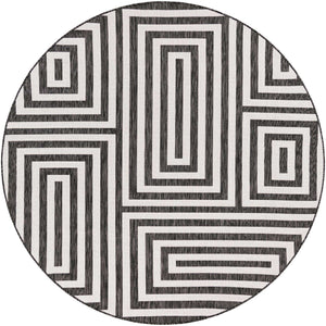 Black and White 7' 10 x 7' 10 Outdoor Modern Round Area Rug Weather Resistant for Patio, Deck, Terrace, Balcony, Porch 100% Polypropylene Modern Outside Carpet for Sale at Rug Engine