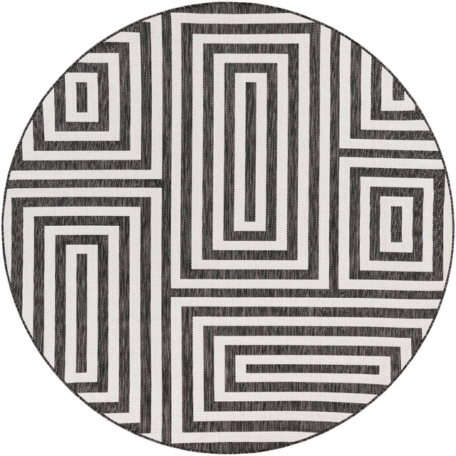 Black and White 7' 10 x 7' 10 Outdoor Modern Round Area Rug Weather Resistant for Patio, Deck, Terrace, Balcony, Porch 100% Polypropylene Modern Outside Carpet for Sale at Rug Engine