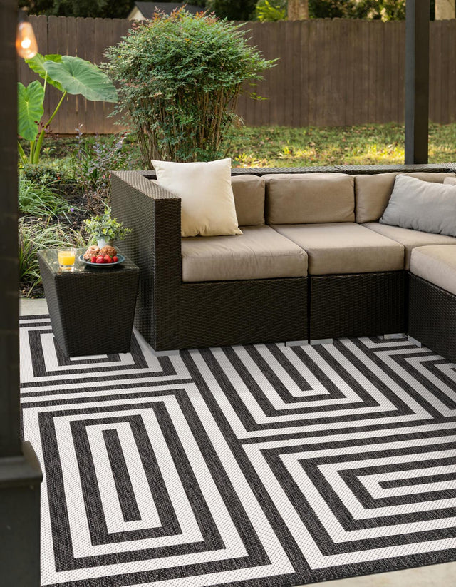 Black and White 12' x 12' Outdoor Modern Square Area Rug Weather Resistant for Patio, Deck, Terrace, Balcony, Porch 100% Polypropylene Modern Outside Carpet for Sale at Rug Engine