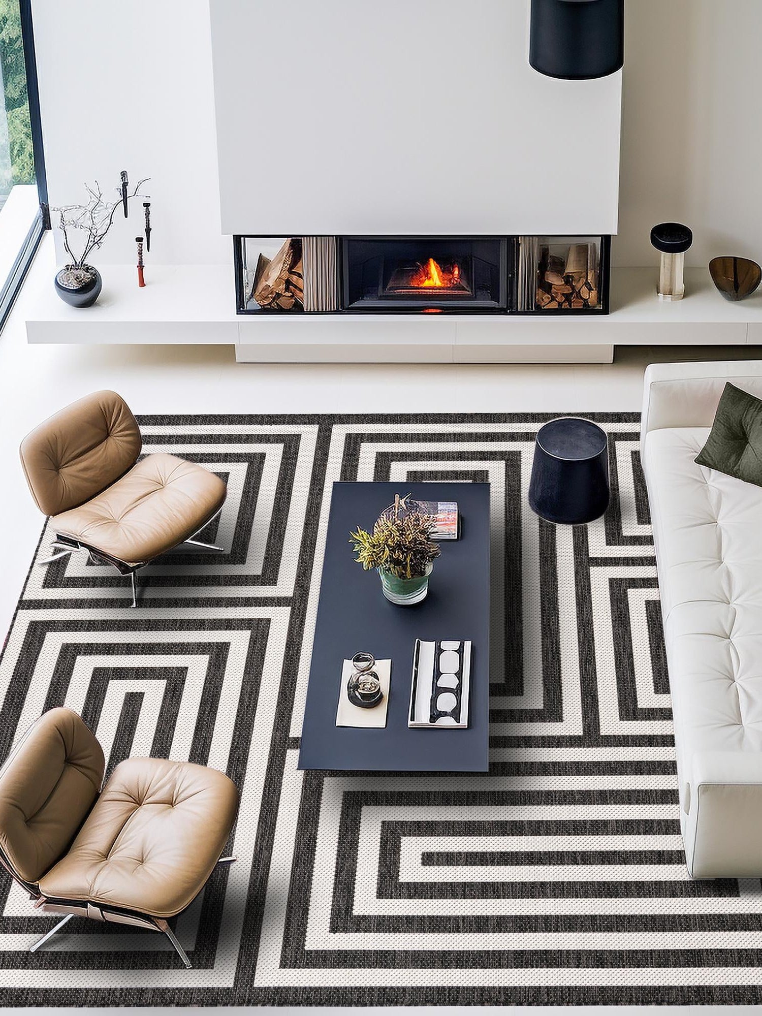 Black and White 7' 10 x 7' 10 Outdoor Modern Square Area Rug Weather Resistant for Patio, Deck, Terrace, Balcony, Porch 100% Polypropylene Modern Outside Carpet for Sale at Rug Engine