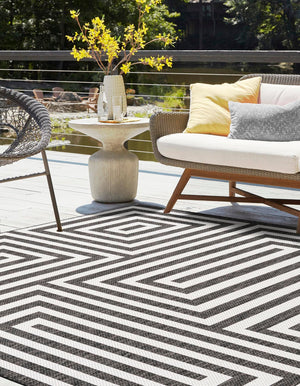 Black and White 10' x 10' Outdoor Modern Square Area Rug Weather Resistant for Patio, Deck, Terrace, Balcony, Porch 100% Polypropylene Modern Outside Carpet for Sale at Rug Engine