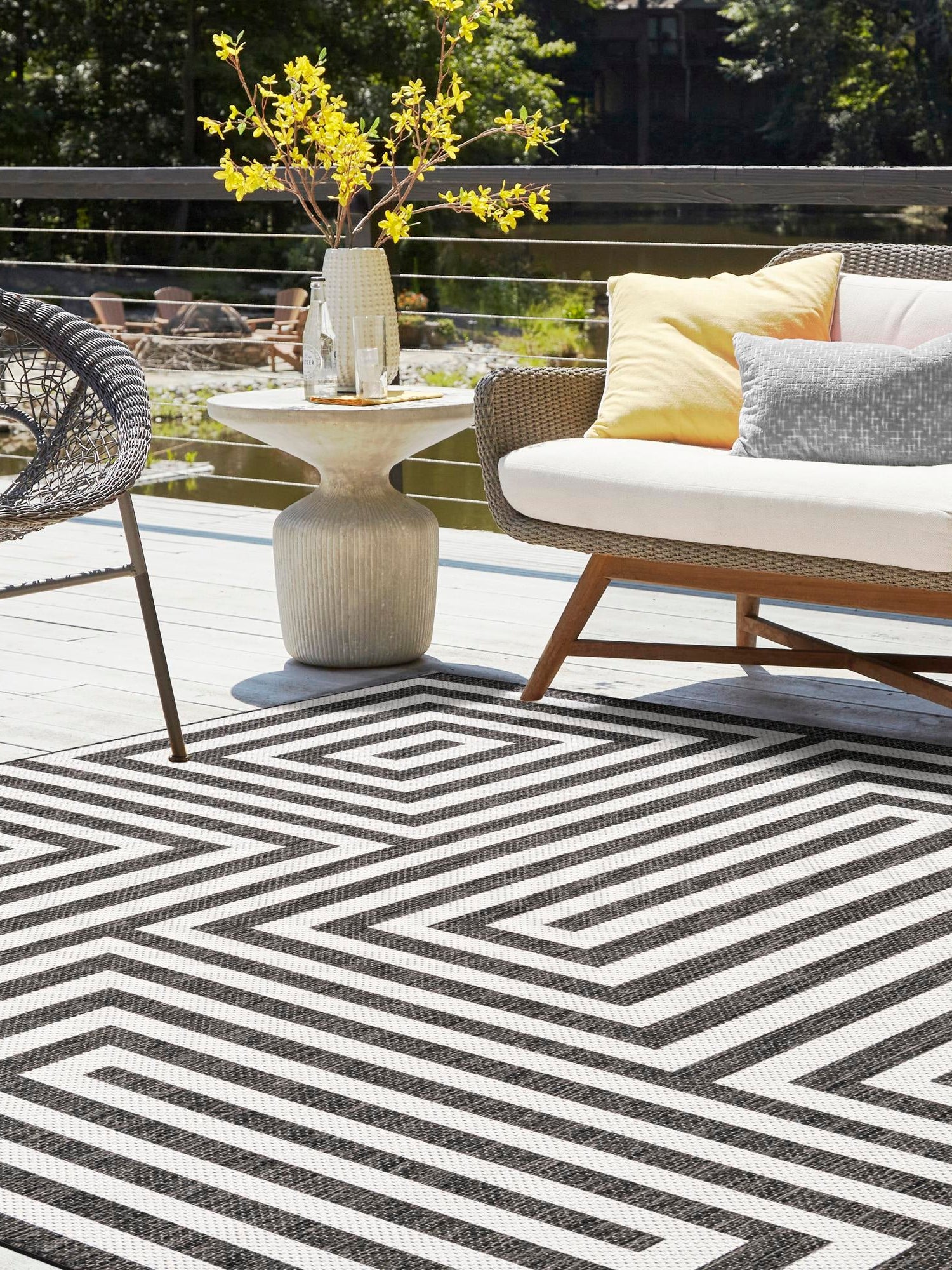 Black and White 12' x 12' Outdoor Modern Square Area Rug Weather Resistant for Patio, Deck, Terrace, Balcony, Porch 100% Polypropylene Modern Outside Carpet for Sale at Rug Engine
