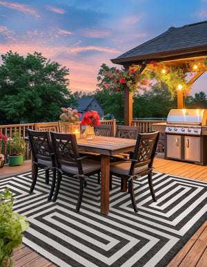 Black and White 12' x 12' Outdoor Modern Square Area Rug Weather Resistant for Patio, Deck, Terrace, Balcony, Porch 100% Polypropylene Modern Outside Carpet for Sale at Rug Engine