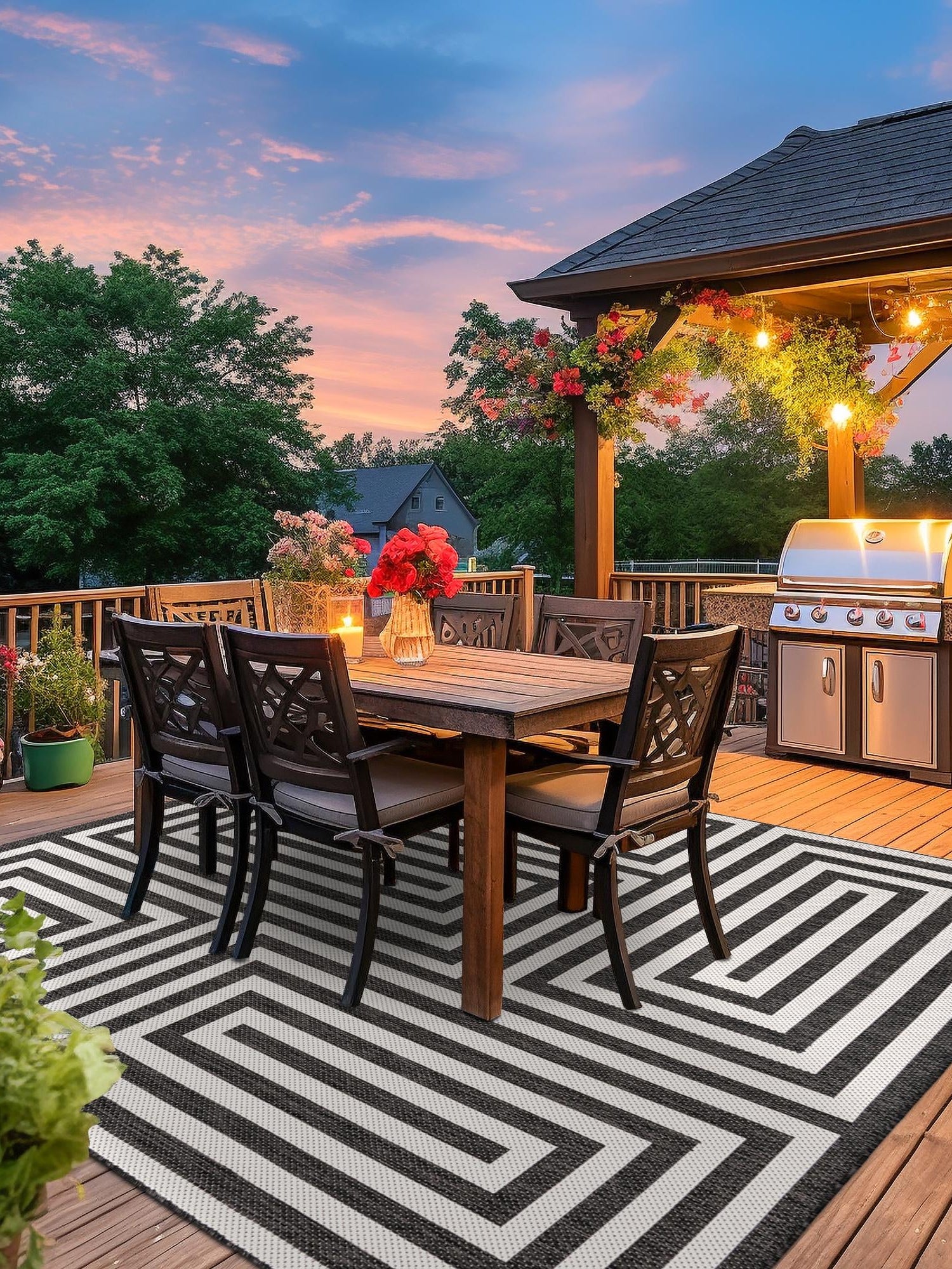 Black and White 7' 10 x 7' 10 Outdoor Modern Square Area Rug Weather Resistant for Patio, Deck, Terrace, Balcony, Porch 100% Polypropylene Modern Outside Carpet for Sale at Rug Engine