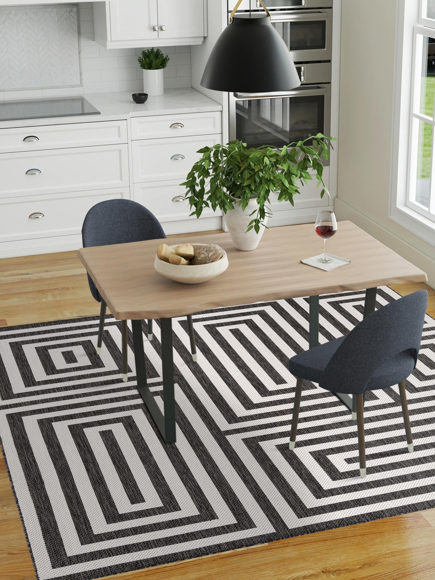 Black and White 7' 10 x 7' 10 Outdoor Modern Square Area Rug Weather Resistant for Patio, Deck, Terrace, Balcony, Porch 100% Polypropylene Modern Outside Carpet for Sale at Rug Engine
