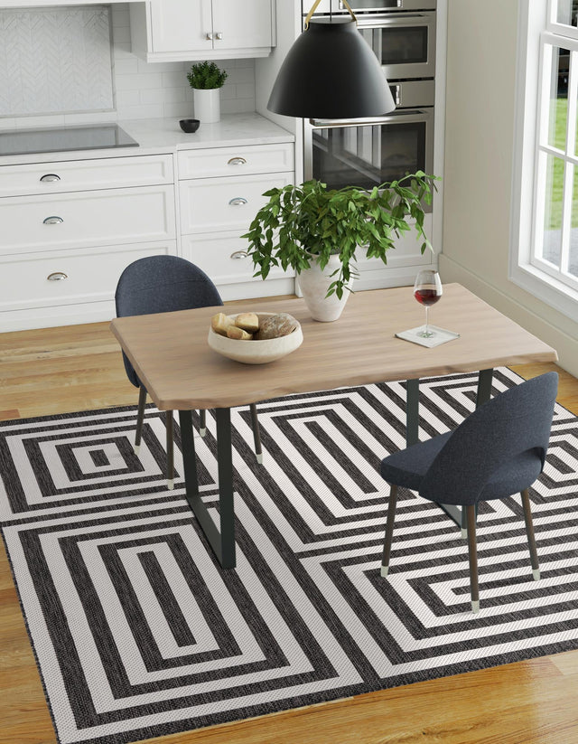 Black and White 12' x 12' Outdoor Modern Square Area Rug Weather Resistant for Patio, Deck, Terrace, Balcony, Porch 100% Polypropylene Modern Outside Carpet for Sale at Rug Engine