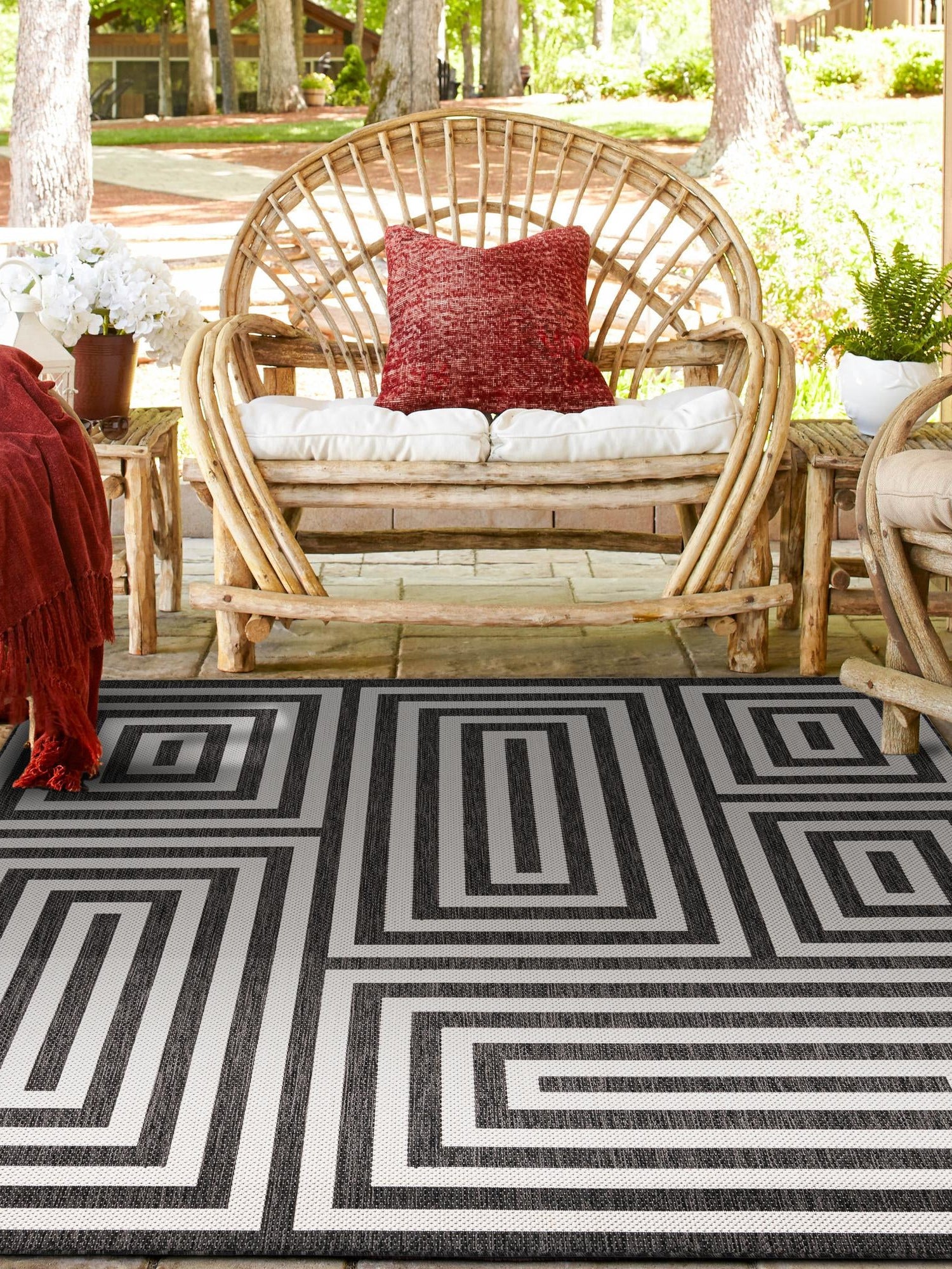 Black and White 7' 10 x 7' 10 Outdoor Modern Square Area Rug Weather Resistant for Patio, Deck, Terrace, Balcony, Porch 100% Polypropylene Modern Outside Carpet for Sale at Rug Engine