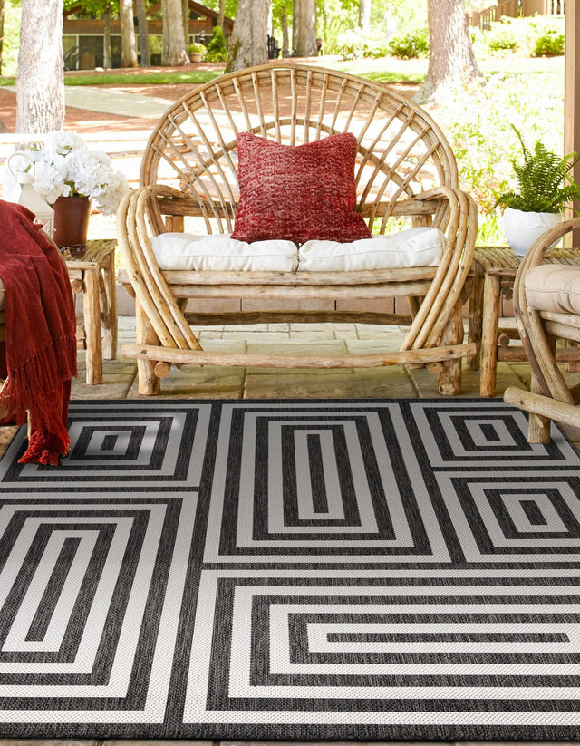 Black and White 7' 10 x 7' 10 Outdoor Modern Square Area Rug Weather Resistant for Patio, Deck, Terrace, Balcony, Porch 100% Polypropylene Modern Outside Carpet for Sale at Rug Engine