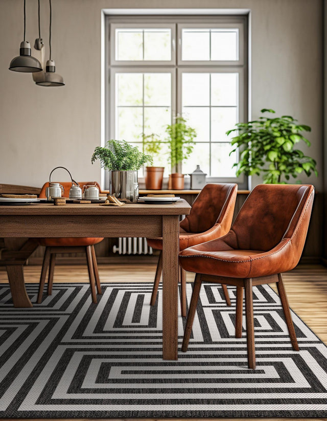 Black and White 10' x 10' Outdoor Modern Square Area Rug Weather Resistant for Patio, Deck, Terrace, Balcony, Porch 100% Polypropylene Modern Outside Carpet for Sale at Rug Engine
