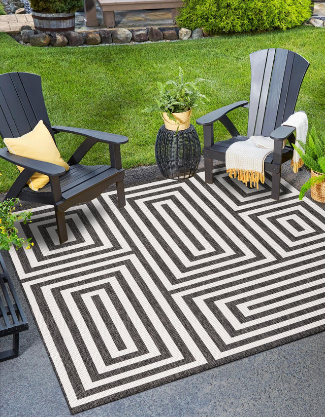 Black and White 10' x 10' Outdoor Modern Square Area Rug Weather Resistant for Patio, Deck, Terrace, Balcony, Porch 100% Polypropylene Modern Outside Carpet for Sale at Rug Engine