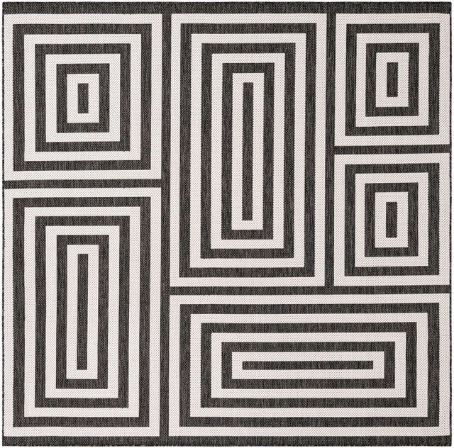 Black and White 7' 10 x 7' 10 Outdoor Modern Square Area Rug Weather Resistant for Patio, Deck, Terrace, Balcony, Porch 100% Polypropylene Modern Outside Carpet for Sale at Rug Engine