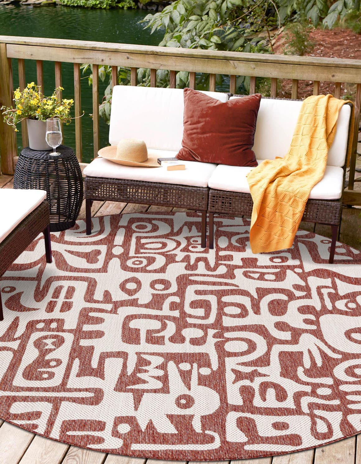 Rust Red 10' x 10' Outdoor Modern Round Area Rug Weather Resistant for Patio, Deck, Terrace, Balcony, Porch 100% Polypropylene Modern Outside Carpet for Sale at Rug Engine
