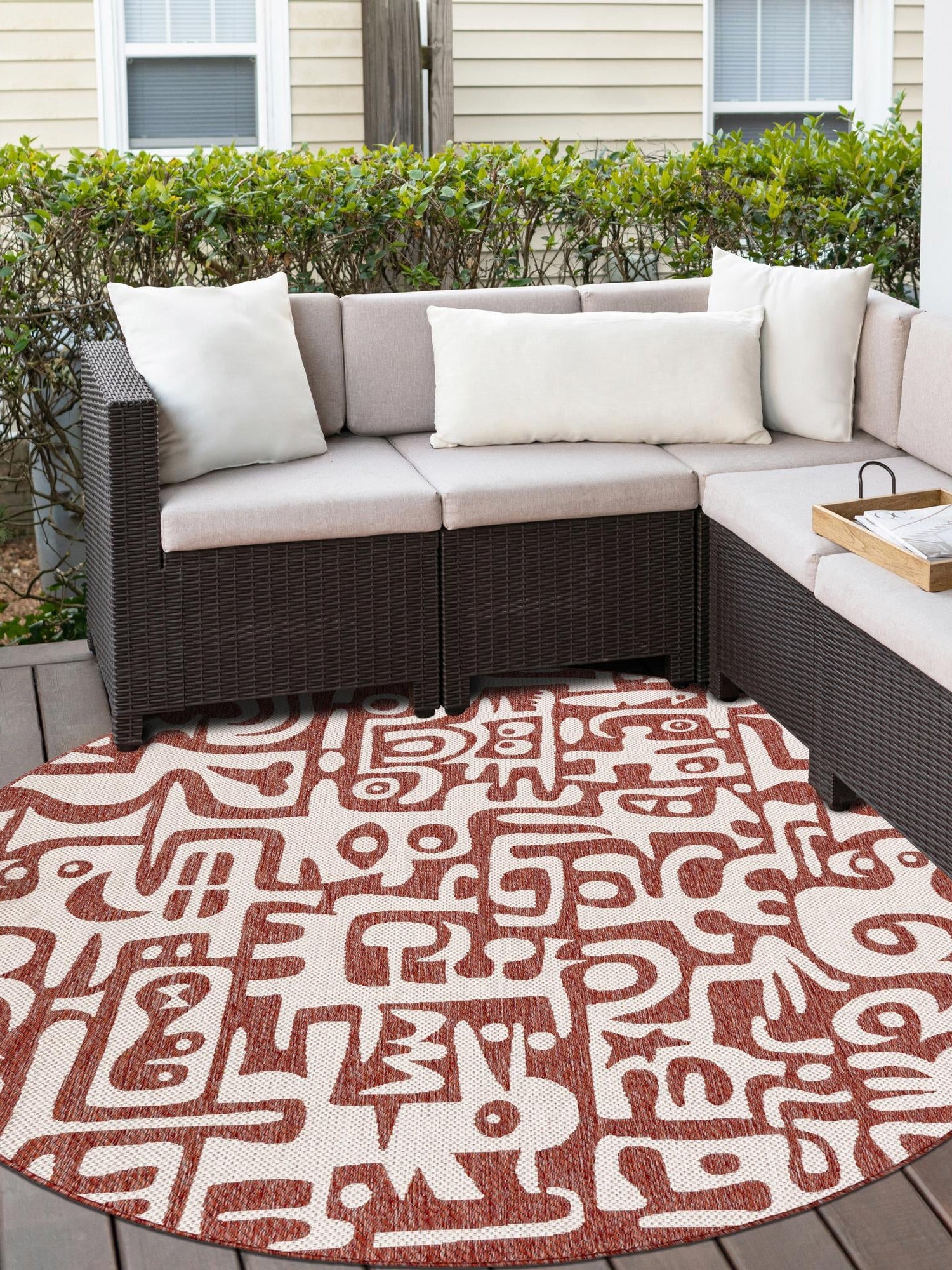 Rust Red 6' 1 x 6' 1 Outdoor Modern Round Area Rug Weather Resistant for Patio, Deck, Terrace, Balcony, Porch 100% Polypropylene Modern Outside Carpet for Sale at Rug Engine