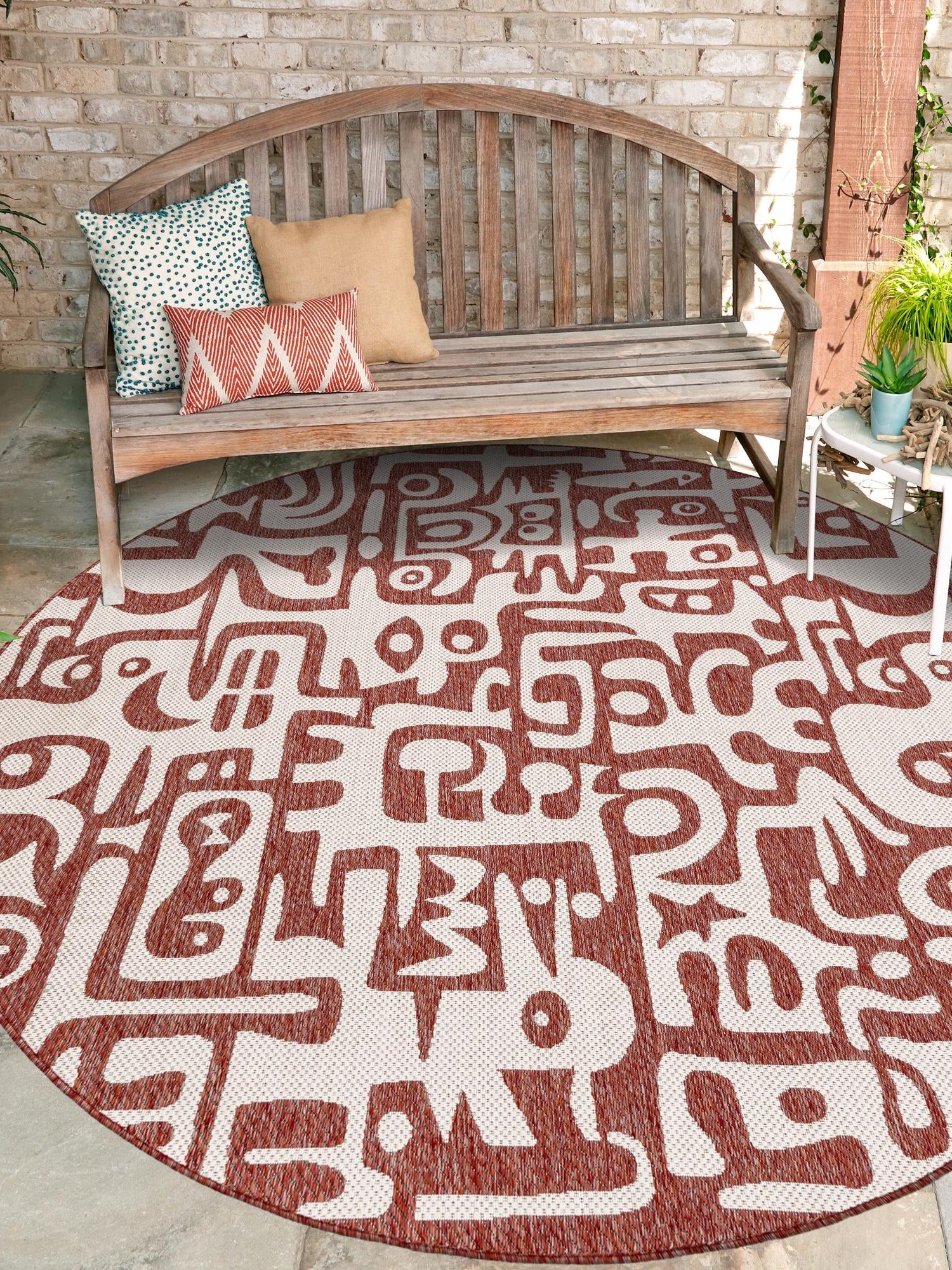 Rust Red 7' 10 x 7' 10 Outdoor Modern Round Area Rug Weather Resistant for Patio, Deck, Terrace, Balcony, Porch 100% Polypropylene Modern Outside Carpet for Sale at Rug Engine
