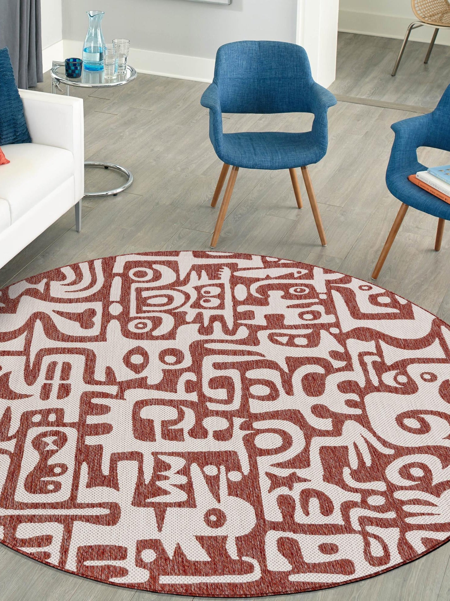 Rust Red 6' 1 x 6' 1 Outdoor Modern Round Area Rug Weather Resistant for Patio, Deck, Terrace, Balcony, Porch 100% Polypropylene Modern Outside Carpet for Sale at Rug Engine