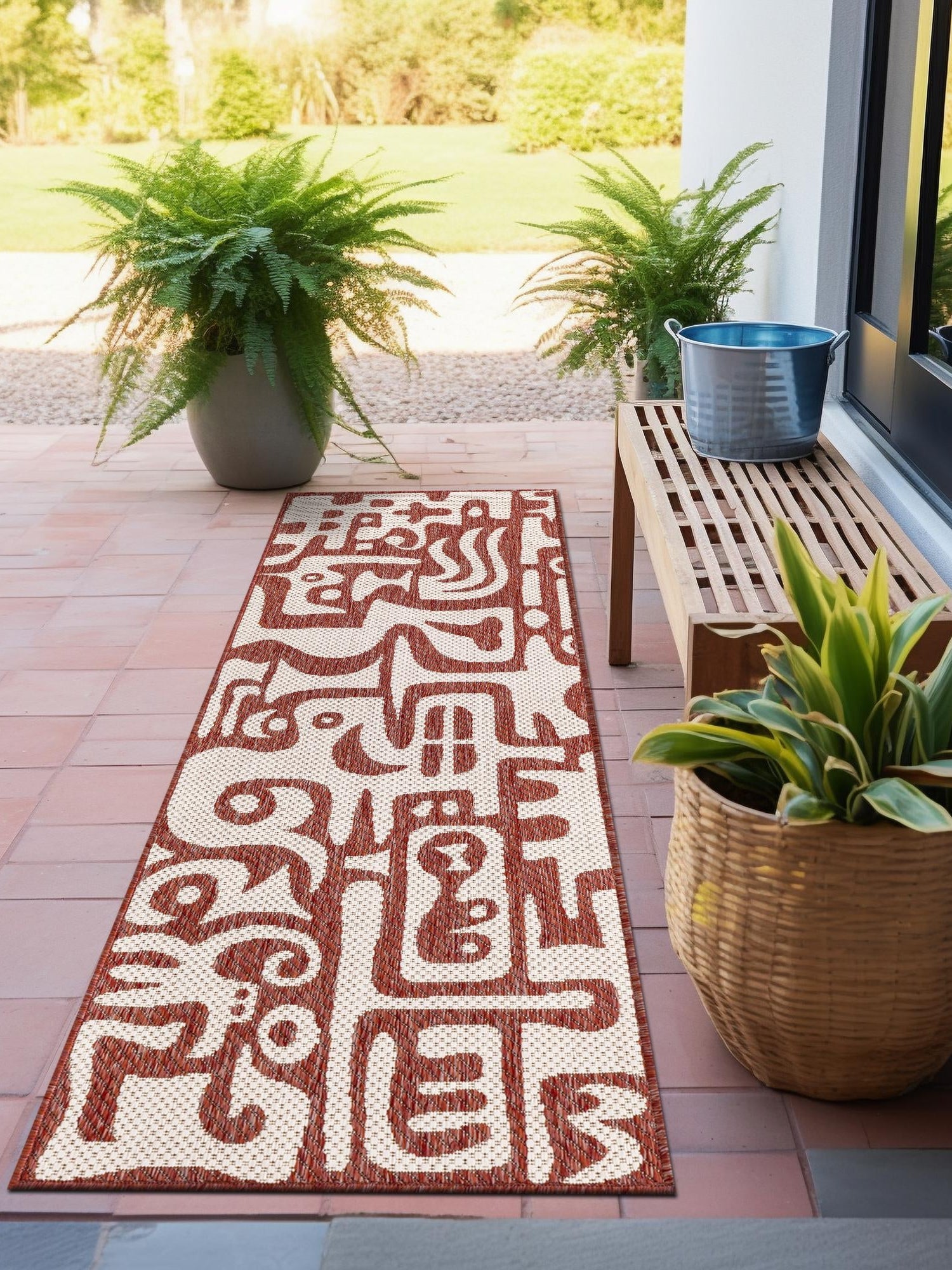 Rust Red 2' x 6' 1 Outdoor Modern Runner Area Rug Weather Resistant for Patio, Deck, Terrace, Balcony, Porch 100% Polypropylene Modern Outside Carpet for Sale at Rug Engine
