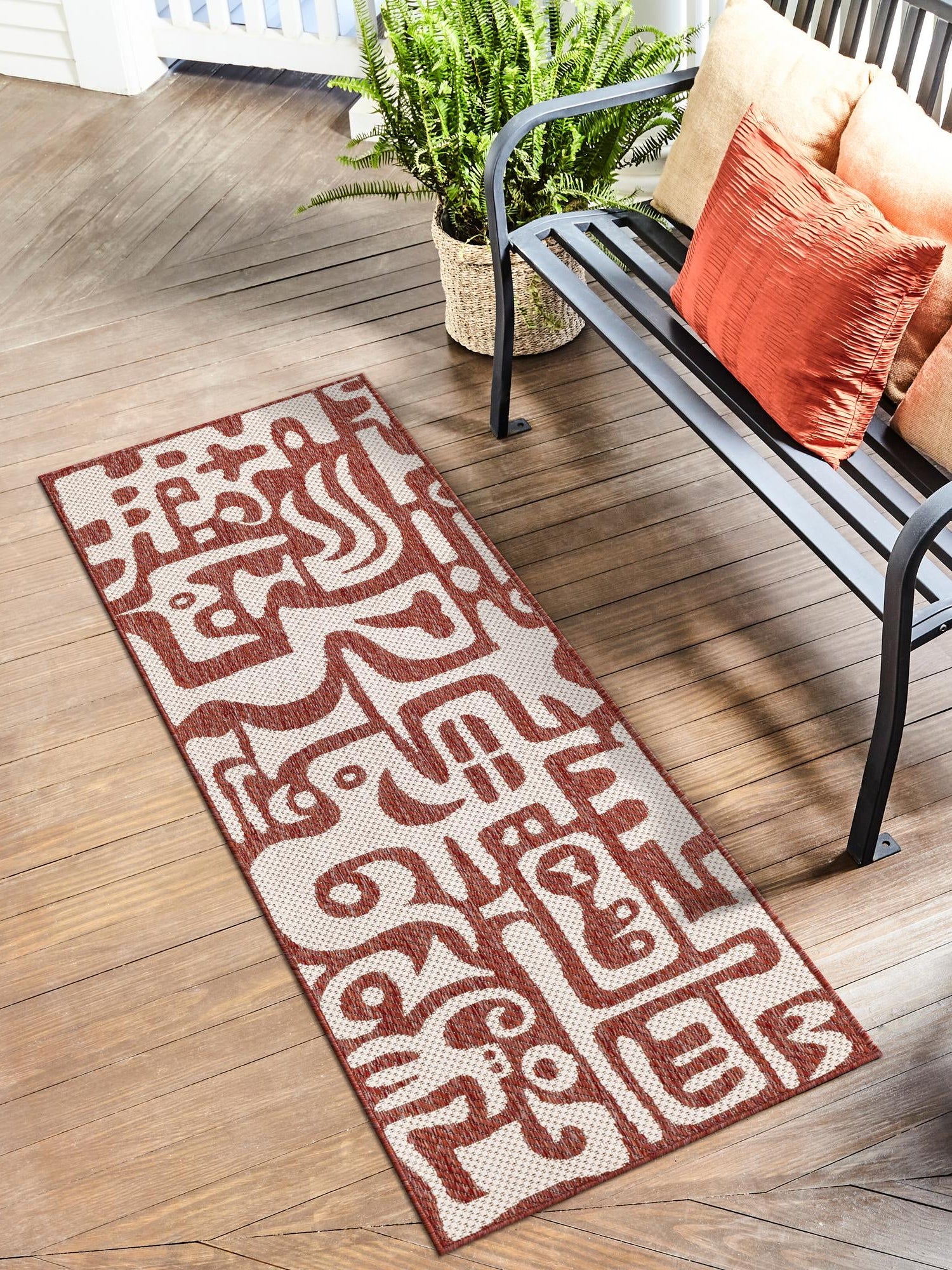 Rust Red 2' x 6' 1 Outdoor Modern Runner Area Rug Weather Resistant for Patio, Deck, Terrace, Balcony, Porch 100% Polypropylene Modern Outside Carpet for Sale at Rug Engine