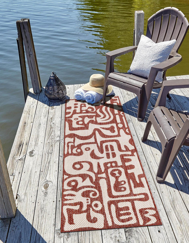 Rust Red 2' x 4' 1 Outdoor Modern Runner Area Rug Weather Resistant for Patio, Deck, Terrace, Balcony, Porch 100% Polypropylene Modern Outside Carpet for Sale at Rug Engine
