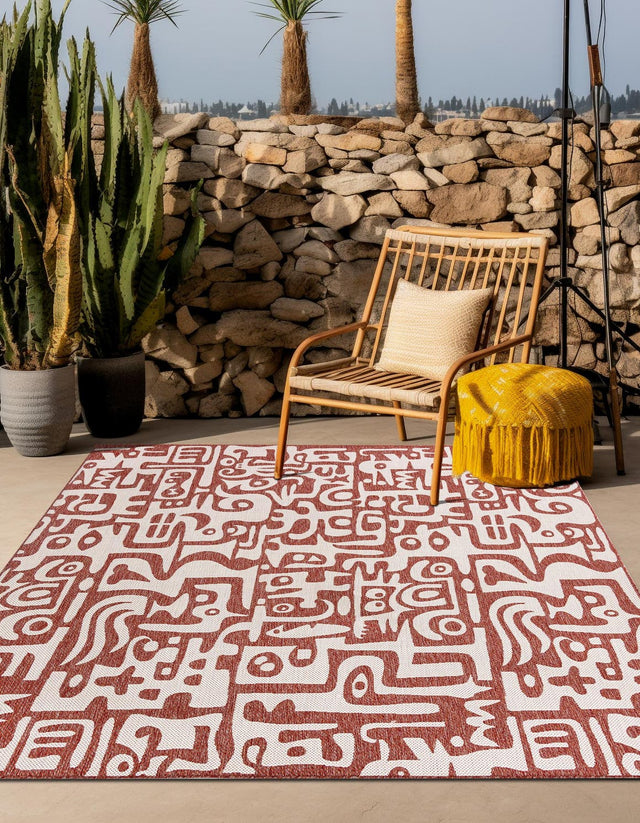 Rust Red 7' 10 x 7' 10 Outdoor Modern Square Area Rug Weather Resistant for Patio, Deck, Terrace, Balcony, Porch 100% Polypropylene Modern Outside Carpet for Sale at Rug Engine