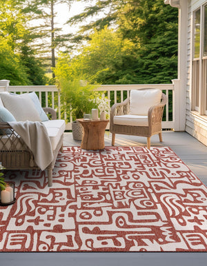 Rust Red 7' 10 x 7' 10 Outdoor Modern Square Area Rug Weather Resistant for Patio, Deck, Terrace, Balcony, Porch 100% Polypropylene Modern Outside Carpet for Sale at Rug Engine