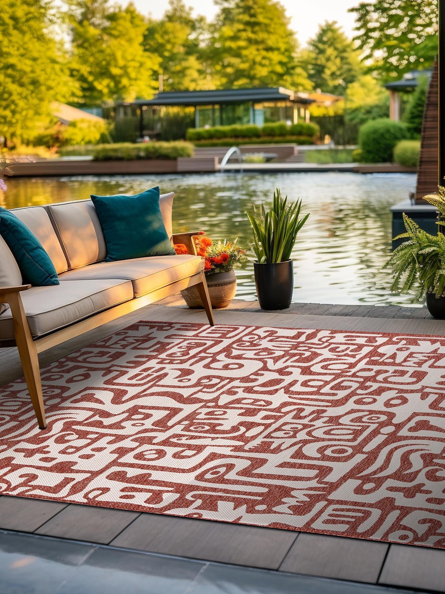 Rust Red 10' x 10' Outdoor Modern Square Area Rug Weather Resistant for Patio, Deck, Terrace, Balcony, Porch 100% Polypropylene Modern Outside Carpet for Sale at Rug Engine