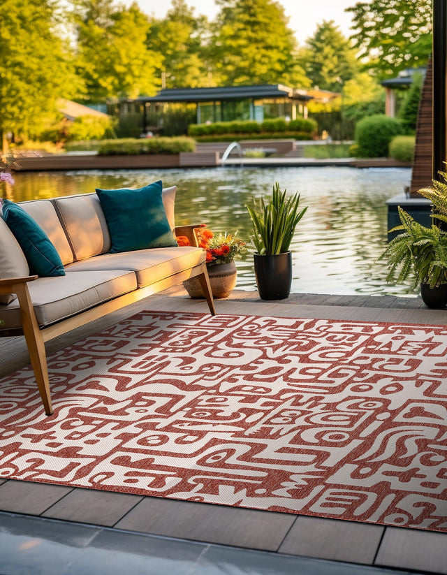 Rust Red 7' 10 x 7' 10 Outdoor Modern Square Area Rug Weather Resistant for Patio, Deck, Terrace, Balcony, Porch 100% Polypropylene Modern Outside Carpet for Sale at Rug Engine