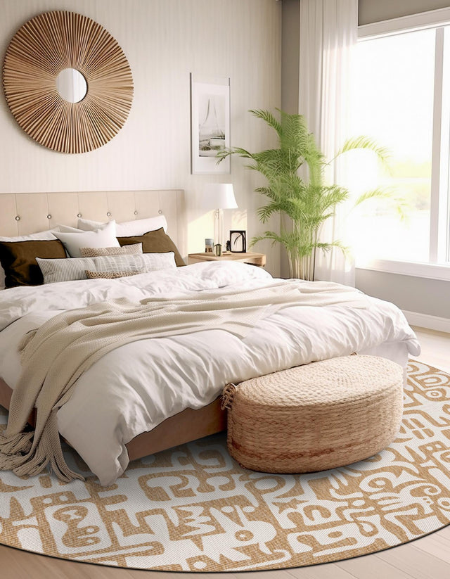 Taupe 7' 10 x 7' 10 Outdoor Modern Round Area Rug Weather Resistant for Patio, Deck, Terrace, Balcony, Porch 100% Polypropylene Modern Outside Carpet for Sale at Rug Engine