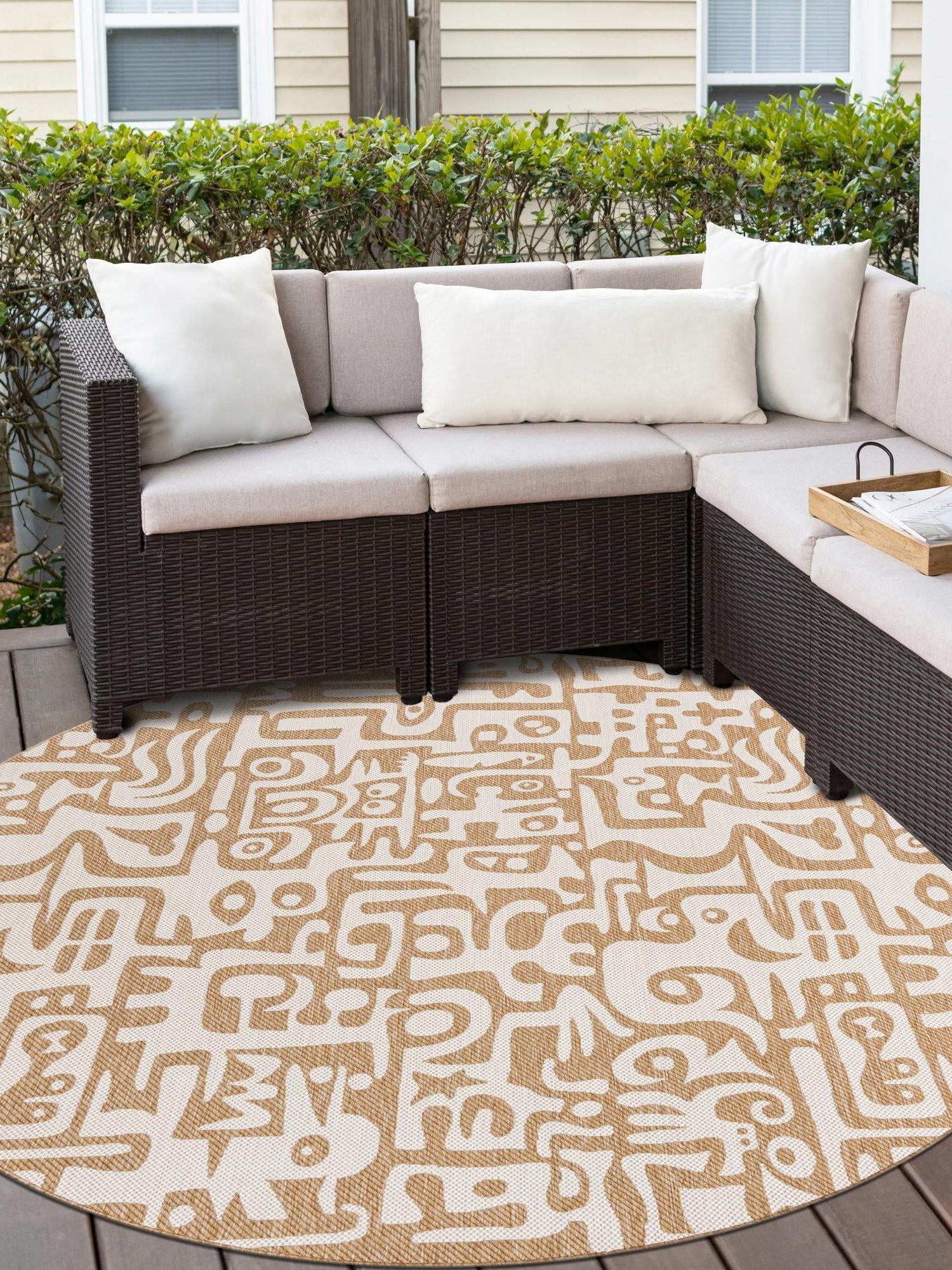 Taupe 6' 1 x 6' 1 Outdoor Modern Round Area Rug Weather Resistant for Patio, Deck, Terrace, Balcony, Porch 100% Polypropylene Modern Outside Carpet for Sale at Rug Engine