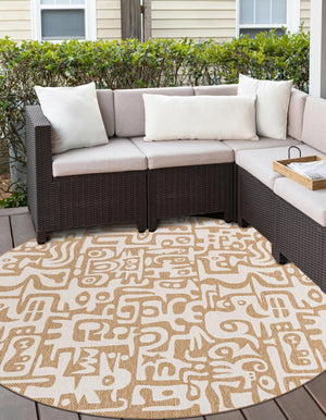 Taupe 6' 1 x 6' 1 Outdoor Modern Round Area Rug Weather Resistant for Patio, Deck, Terrace, Balcony, Porch 100% Polypropylene Modern Outside Carpet for Sale at Rug Engine