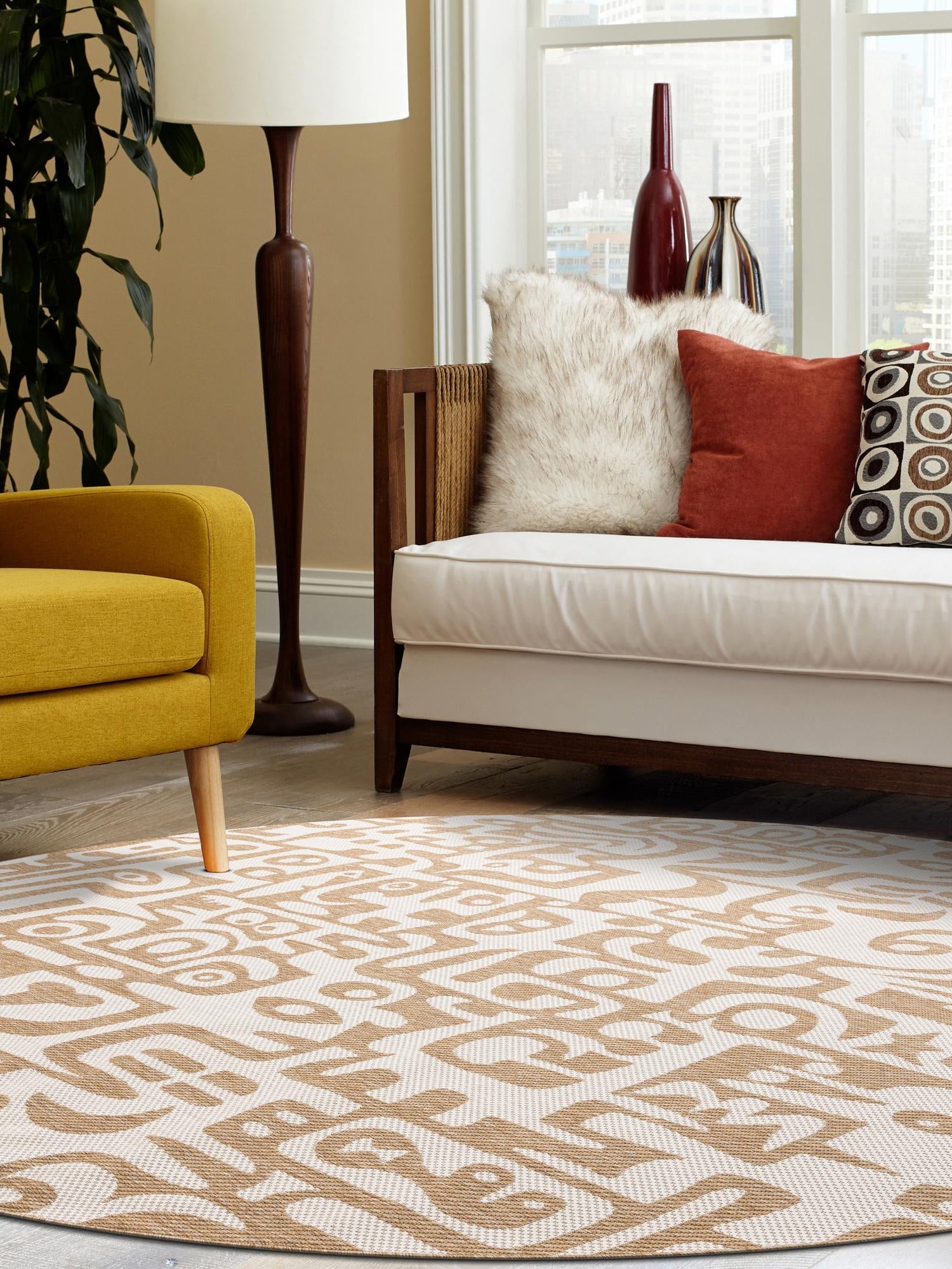 Taupe 6' 1 x 6' 1 Outdoor Modern Round Area Rug Weather Resistant for Patio, Deck, Terrace, Balcony, Porch 100% Polypropylene Modern Outside Carpet for Sale at Rug Engine