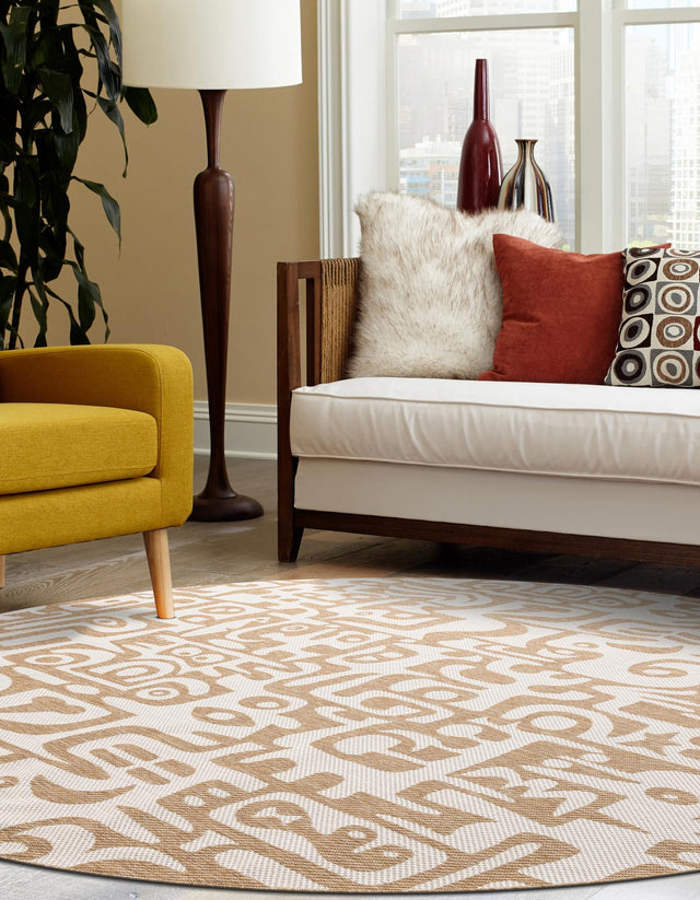 Taupe 10' x 10' Outdoor Modern Round Area Rug Weather Resistant for Patio, Deck, Terrace, Balcony, Porch 100% Polypropylene Modern Outside Carpet for Sale at Rug Engine