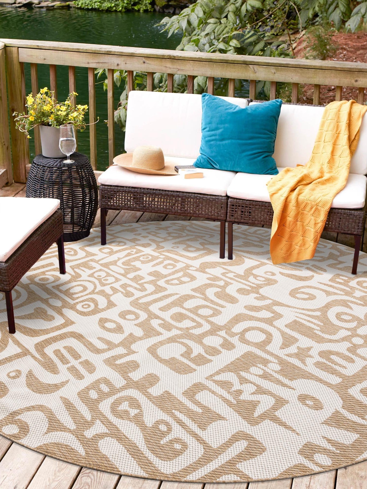 Taupe 6' 1 x 6' 1 Outdoor Modern Round Area Rug Weather Resistant for Patio, Deck, Terrace, Balcony, Porch 100% Polypropylene Modern Outside Carpet for Sale at Rug Engine
