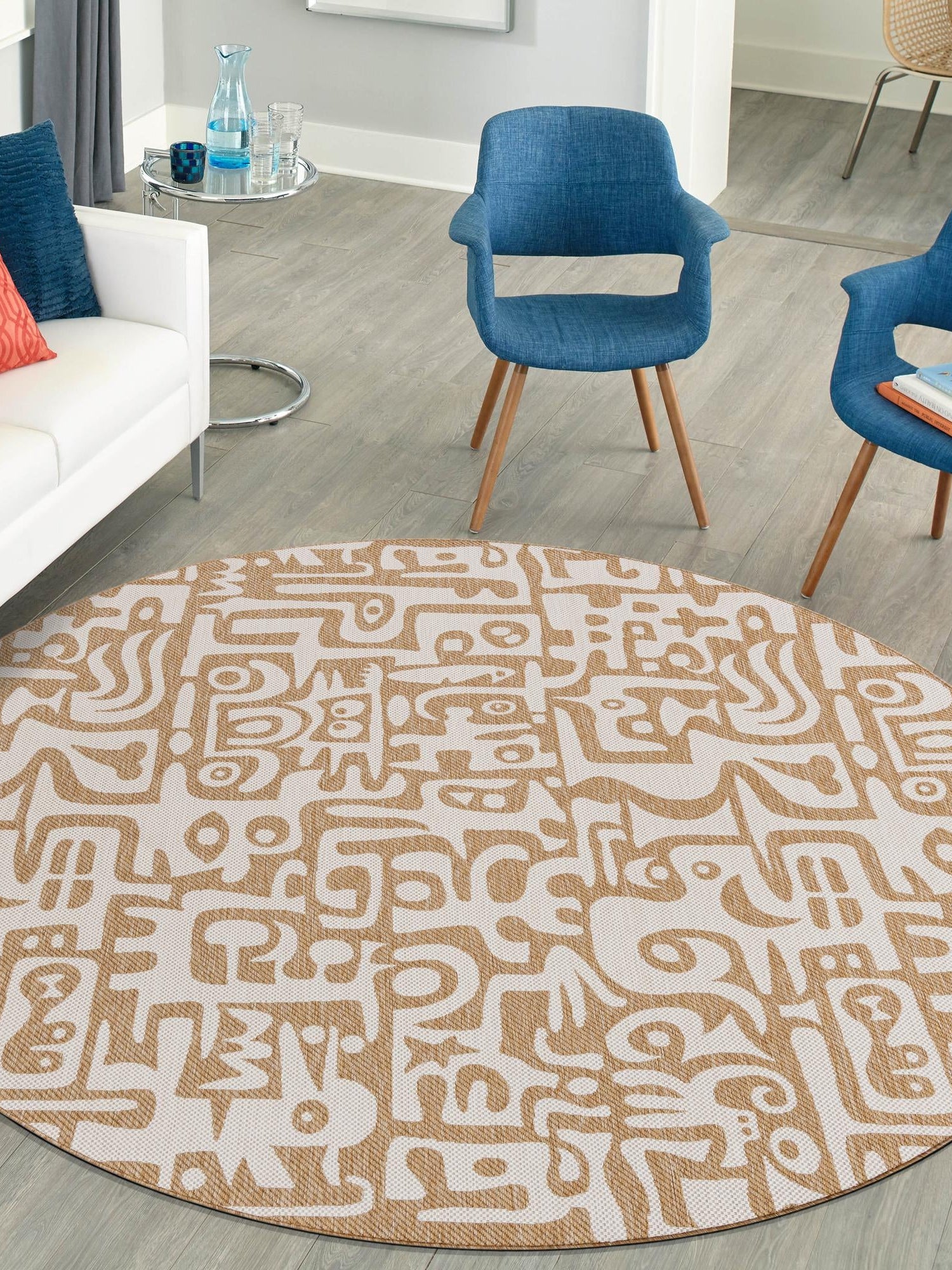 Taupe 6' 1 x 6' 1 Outdoor Modern Round Area Rug Weather Resistant for Patio, Deck, Terrace, Balcony, Porch 100% Polypropylene Modern Outside Carpet for Sale at Rug Engine