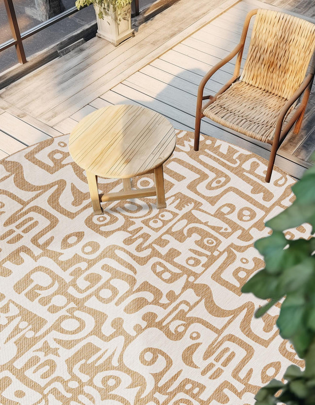 Taupe 6' 1 x 6' 1 Outdoor Modern Round Area Rug Weather Resistant for Patio, Deck, Terrace, Balcony, Porch 100% Polypropylene Modern Outside Carpet for Sale at Rug Engine
