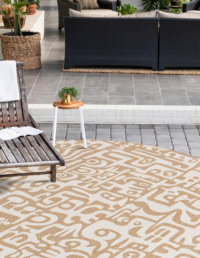 Taupe 12' x 12' Outdoor Modern Round Area Rug Weather Resistant for Patio, Deck, Terrace, Balcony, Porch 100% Polypropylene Modern Outside Carpet for Sale at Rug Engine