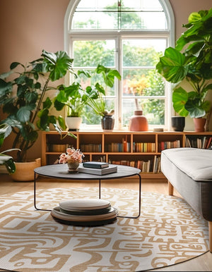 Taupe 12' x 12' Outdoor Modern Round Area Rug Weather Resistant for Patio, Deck, Terrace, Balcony, Porch 100% Polypropylene Modern Outside Carpet for Sale at Rug Engine
