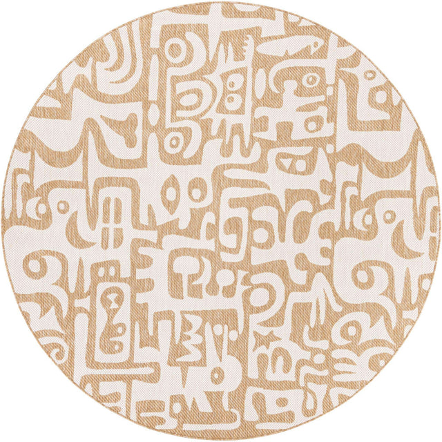 Taupe 7' 10 x 7' 10 Outdoor Modern Round Area Rug Weather Resistant for Patio, Deck, Terrace, Balcony, Porch 100% Polypropylene Modern Outside Carpet for Sale at Rug Engine