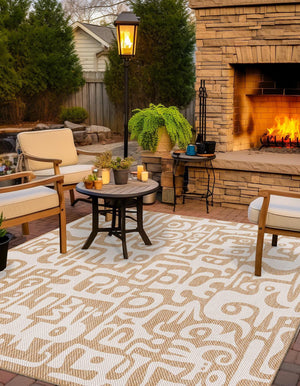 Taupe 7' 10 x 7' 10 Outdoor Modern Square Area Rug Weather Resistant for Patio, Deck, Terrace, Balcony, Porch 100% Polypropylene Modern Outside Carpet for Sale at Rug Engine