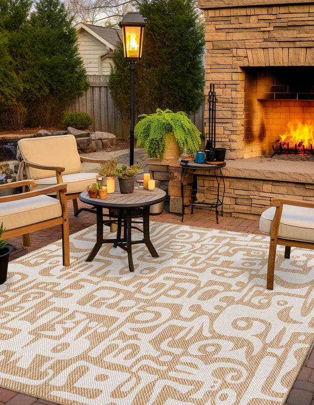 Taupe 12' x 12' Outdoor Modern Square Area Rug Weather Resistant for Patio, Deck, Terrace, Balcony, Porch 100% Polypropylene Modern Outside Carpet for Sale at Rug Engine