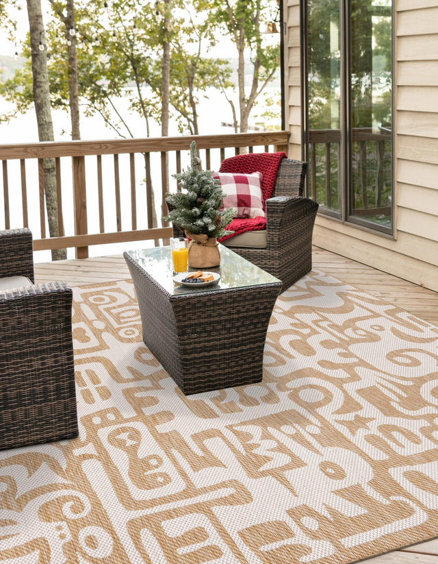 Taupe 7' 10 x 7' 10 Outdoor Modern Square Area Rug Weather Resistant for Patio, Deck, Terrace, Balcony, Porch 100% Polypropylene Modern Outside Carpet for Sale at Rug Engine