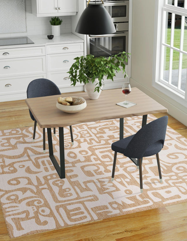 Taupe 7' 10 x 7' 10 Outdoor Modern Square Area Rug Weather Resistant for Patio, Deck, Terrace, Balcony, Porch 100% Polypropylene Modern Outside Carpet for Sale at Rug Engine