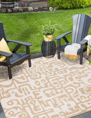 Taupe 7' 10 x 7' 10 Outdoor Modern Square Area Rug Weather Resistant for Patio, Deck, Terrace, Balcony, Porch 100% Polypropylene Modern Outside Carpet for Sale at Rug Engine