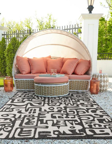 Black and White 8' x 10' Outdoor Modern Rectangle Rug