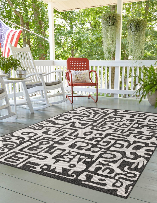 Black and White 8' x 10' Outdoor Modern Rectangle Rug