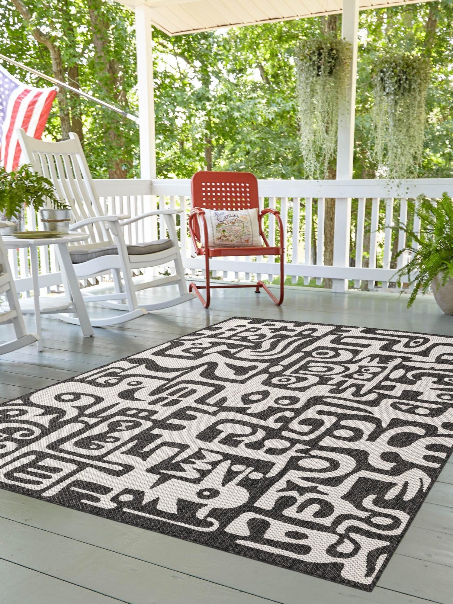 Black and White 5' 3 x 7' 1 Outdoor Modern Rectangle Area Rug Weather Resistant for Patio, Deck, Terrace, Balcony, Porch 100% Polypropylene Modern Outside Carpet for Sale at Rug Engine