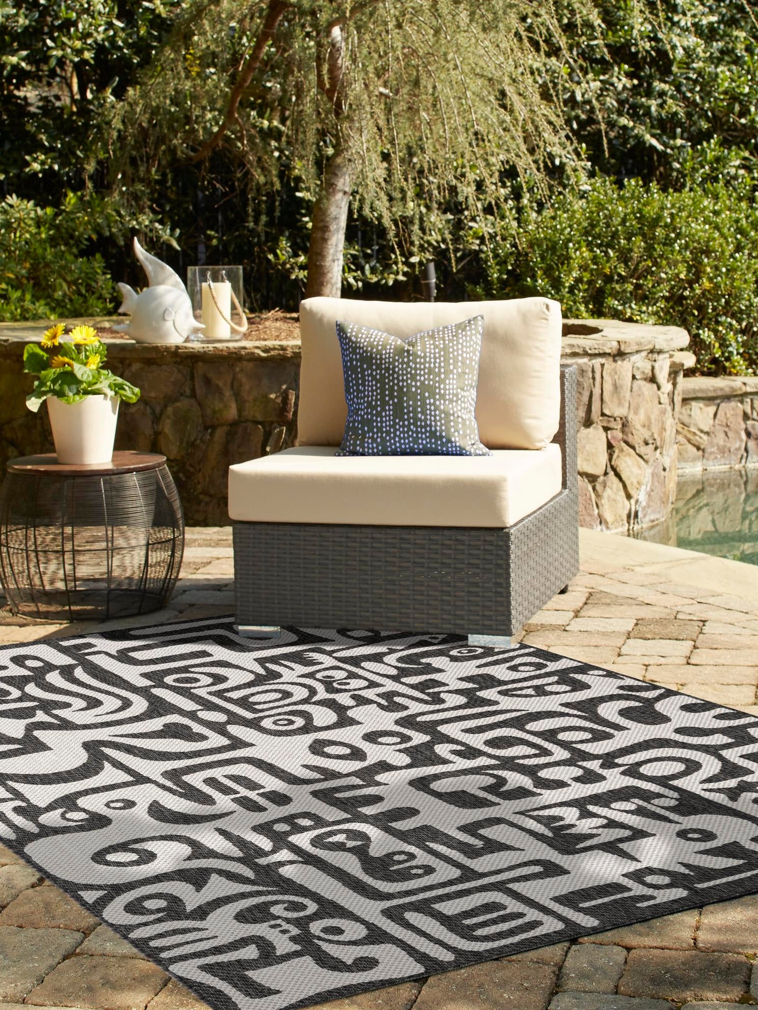 Black and White 10' x 14' 1 Outdoor Modern Rectangle Area Rug Weather Resistant for Patio, Deck, Terrace, Balcony, Porch 100% Polypropylene Modern Outside Carpet for Sale at Rug Engine