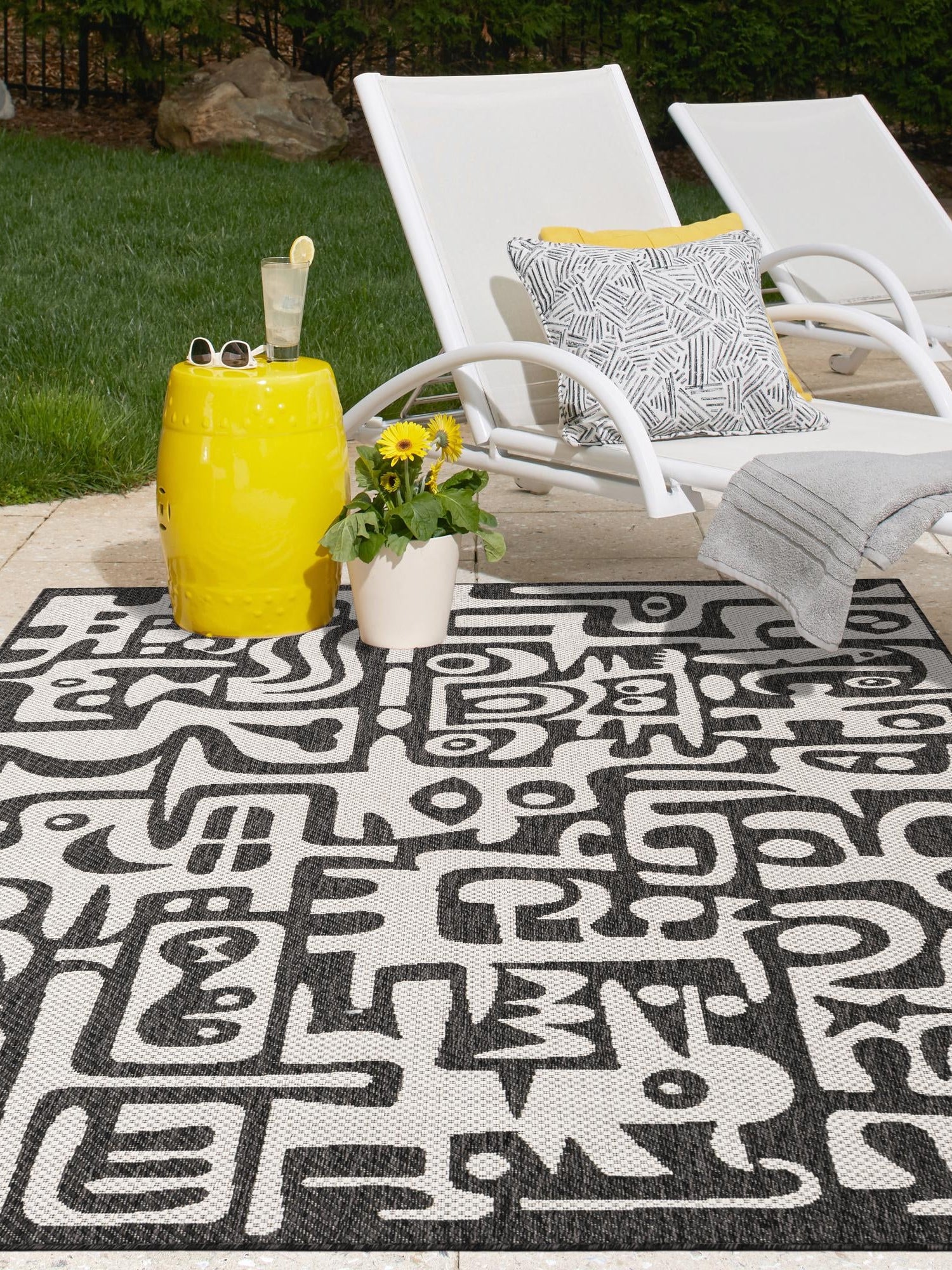 Black and White 5' 3 x 8' Outdoor Modern Rectangle Area Rug Weather Resistant for Patio, Deck, Terrace, Balcony, Porch 100% Polypropylene Modern Outside Carpet for Sale at Rug Engine