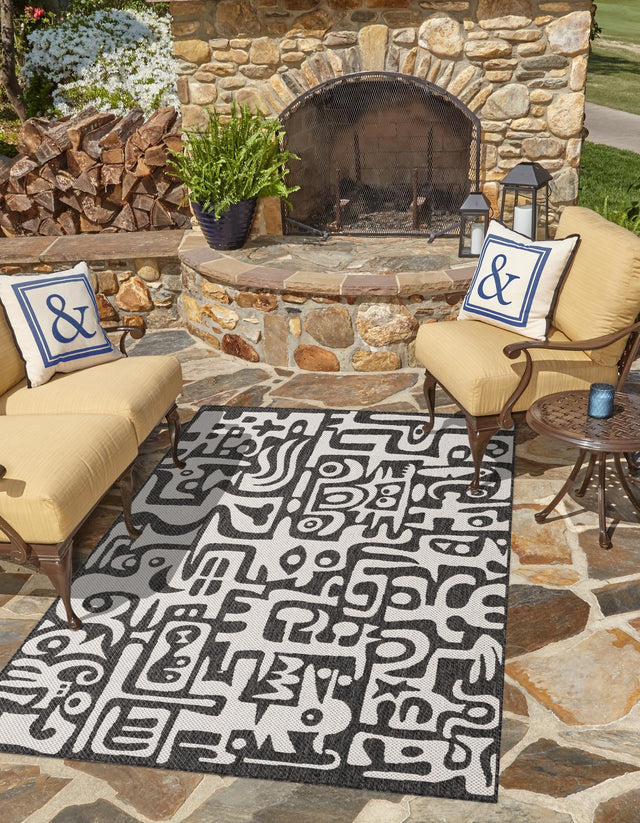Black and White 6' 1 x 9' Outdoor Modern Rectangle Area Rug Weather Resistant for Patio, Deck, Terrace, Balcony, Porch 100% Polypropylene Modern Outside Carpet for Sale at Rug Engine