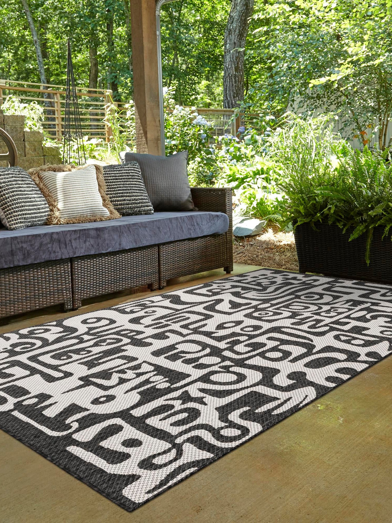Black and White 7' 10 x 10' Outdoor Modern Rectangle Area Rug Weather Resistant for Patio, Deck, Terrace, Balcony, Porch 100% Polypropylene Modern Outside Carpet for Sale at Rug Engine